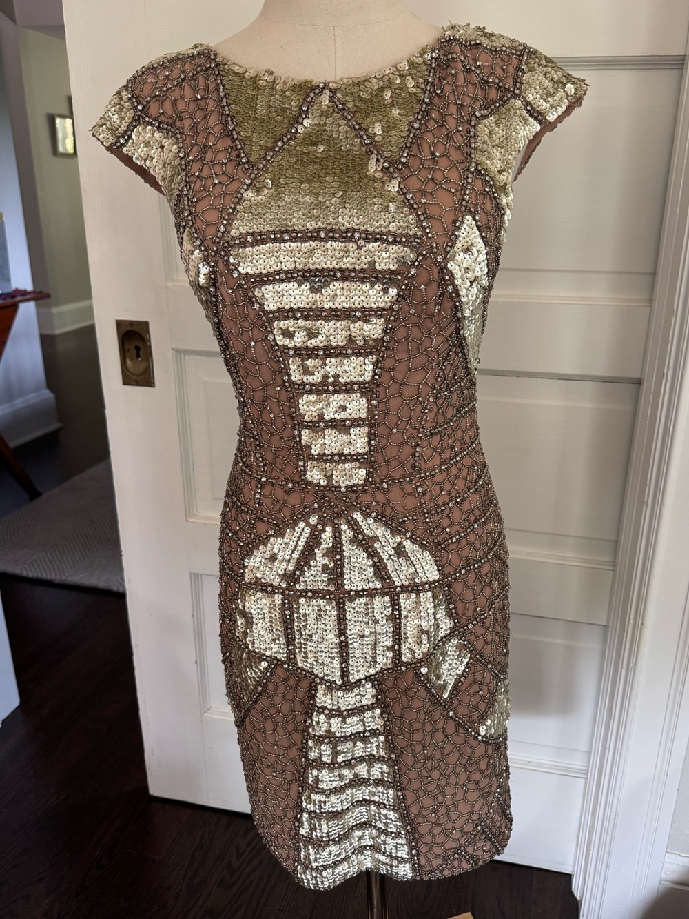 Jovani Gold Sequin & Taupe Beaded Mini Dress